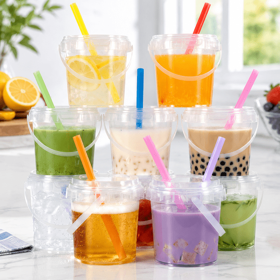 10 Pack 34oz Clear Plastic Drink Buckets with Dual-Lid System, Reusable 1L Cups with Lids and Straws, Leakproof Bucket Cups for Boba Bubble Tea, Smoothies, Iced Coffee