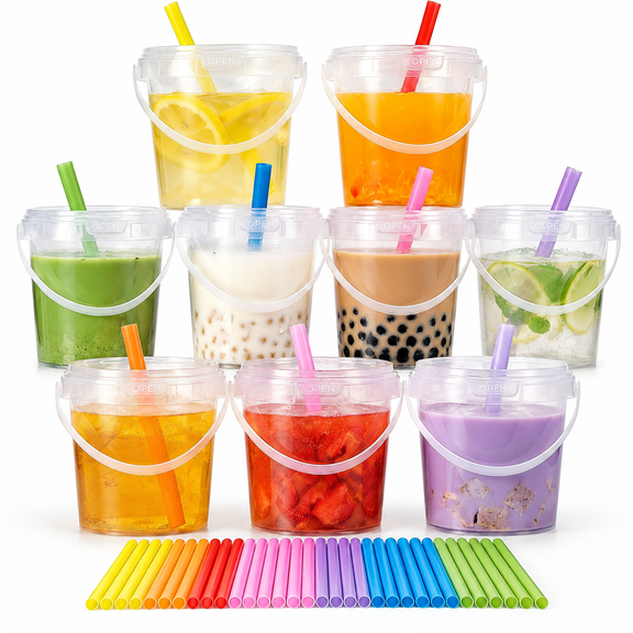 10 Pack 34oz Clear Plastic Drink Buckets with Dual-Lid System, Reusable 1L Cups with Lids and Straws, Leakproof Bucket Cups for Boba Bubble Tea, Smoothies, Iced Coffee