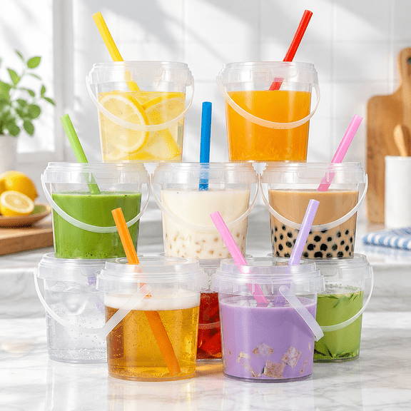 10 Pack 34oz Clear Plastic Drink Buckets with Dual-Lid System, Reusable 1L Cups with Lids and Straws, Leakproof Bucket Cups for Boba Bubble Tea, Smoothies, Iced Coffee