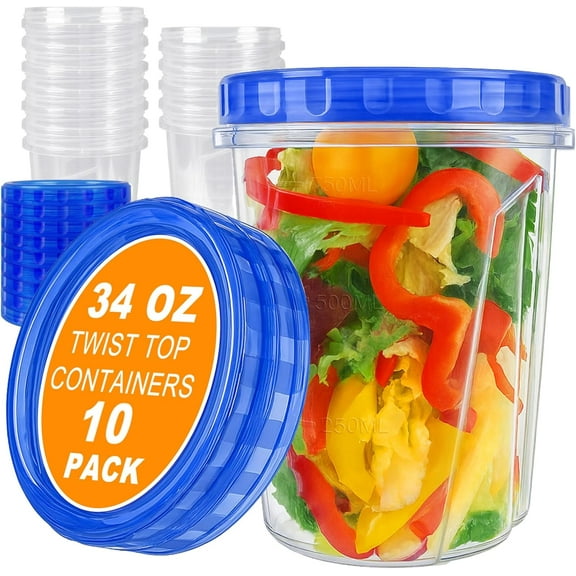 10 Pack 34oz Reusable Freezer Food Storage Containers with Twist Top Lids, Airtight Plastic Meal Prep Food Containers for Leftover Lunch Fruit Salad Oats, Clear Large Soup Container Microwave Safe