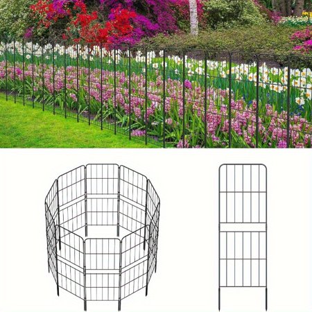 10 Pack 38x10FT Rustproof Metal Garden Fence Panels - Weather Resistant Animal Barrier with Decorative Square Design for Dog Run, Flower Borders, Yard and Patio Landscaping