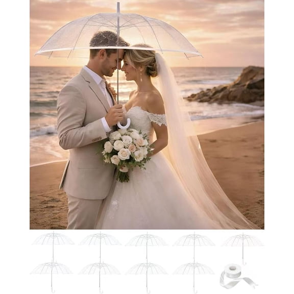 10 Pack 39-Inch Large Clear Wedding Umbrellas, Auto Open Transparent POE Canopy with 8-Rib Frame for Bridal Party, Guests, Outdoor Ceremony and Photos