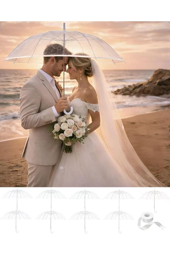 10 Pack 39-Inch Large Clear Wedding Umbrellas, Auto Open Transparent POE Canopy with 8-Rib Frame for Bridal Party, Guests, Outdoor Ceremony and Photos