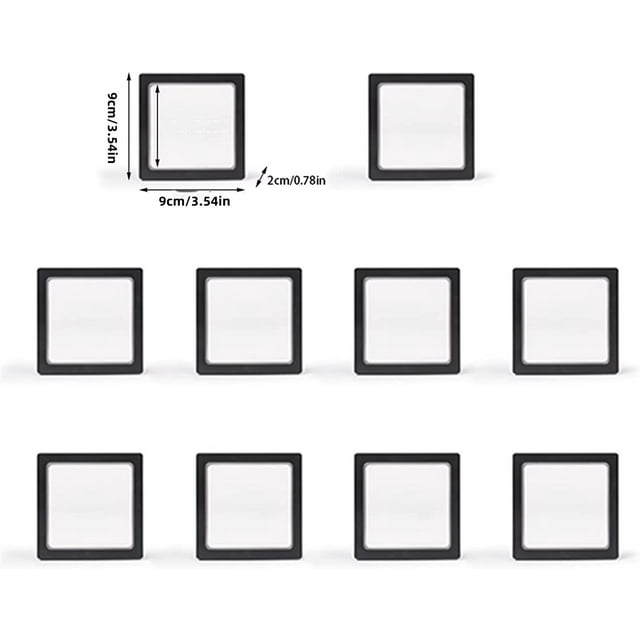 10 Pack 3D Floating Frame Display Holder Stands, 3.54 in Floating Display Case Transparent PE Jewelry Storage Box Suspension Frame for Challenge Coin AA Medallions Medal, Black