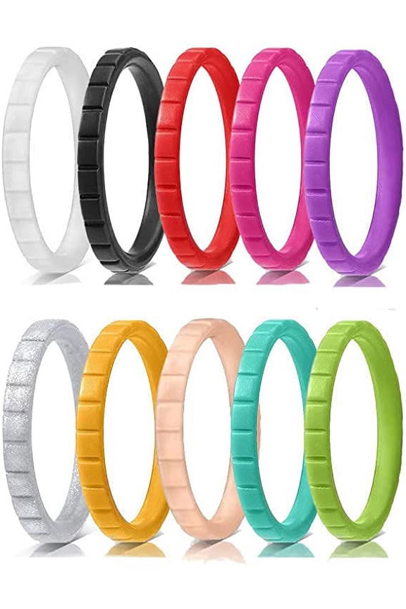 10 Pack 3MM Wave Pattern Silicone Wedding Rings for Womens Thin Stackable Rubber Wedding Bands Size 5-10