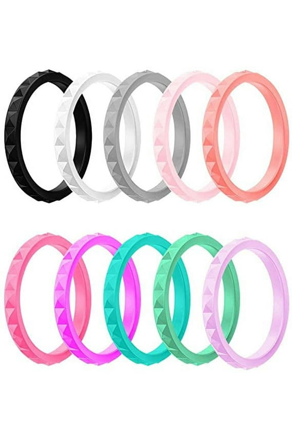 10 Pack 3MM Wave Pattern Silicone Wedding Rings for Womens Thin Stackable Rubber Wedding Bands Size 5-10
