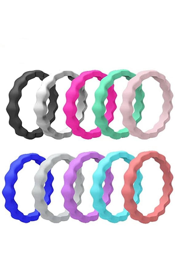 10 Pack 3MM Wave Pattern Silicone Wedding Rings for Womens Thin Stackable Rubber Wedding Bands Size 5-10