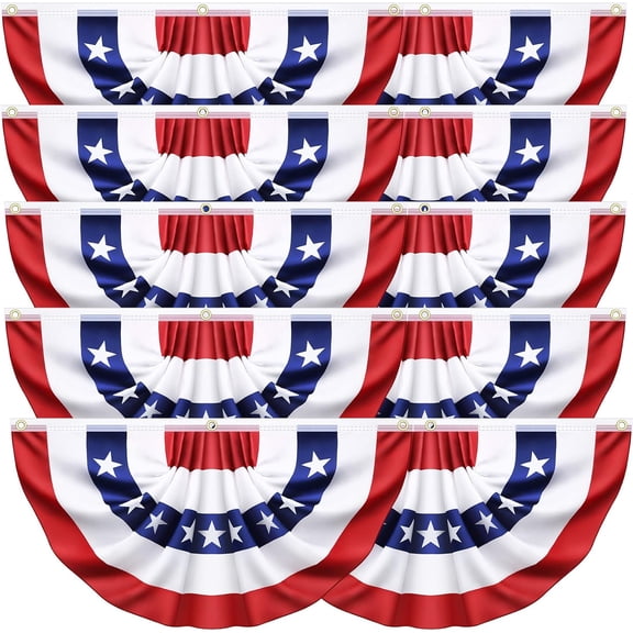 10 Pack 3x6 Ft American Pleated Fan Flags, USA Patriotic Flag Bunting Half Fan Banners for Outside Porch Red White Blue Decor for 250th Anniversary Memorial Day, Independence Day 4th of July Decor