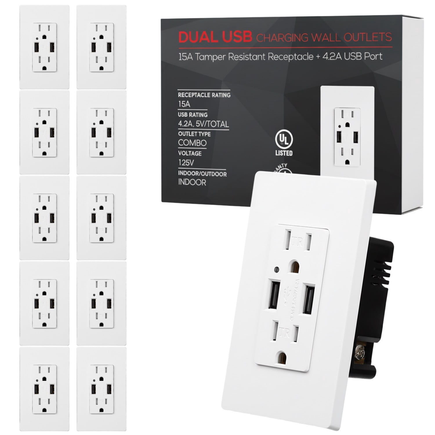 10 Pack 4.2A USB Wall Outlet Fast Charge, 15A Tamper-Resistant Receptacles Socket USB Outlets, UL-listed Dual High, Speed Charger USB Electrical Outlets, Wall Plate Included, White