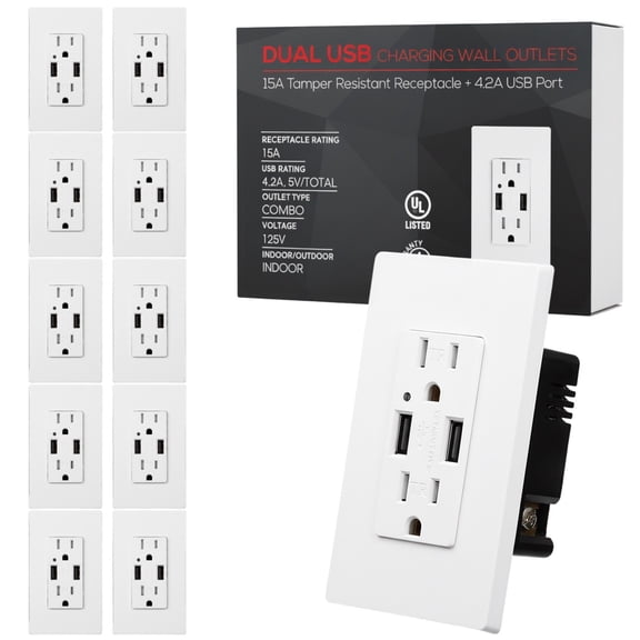 10 Pack 4.2A USB Wall Outlet Fast Charge, 15A Tamper-Resistant Receptacles Socket USB Outlets, UL-listed Dual High, Speed Charger USB Electrical Outlets, Wall Plate Included, White