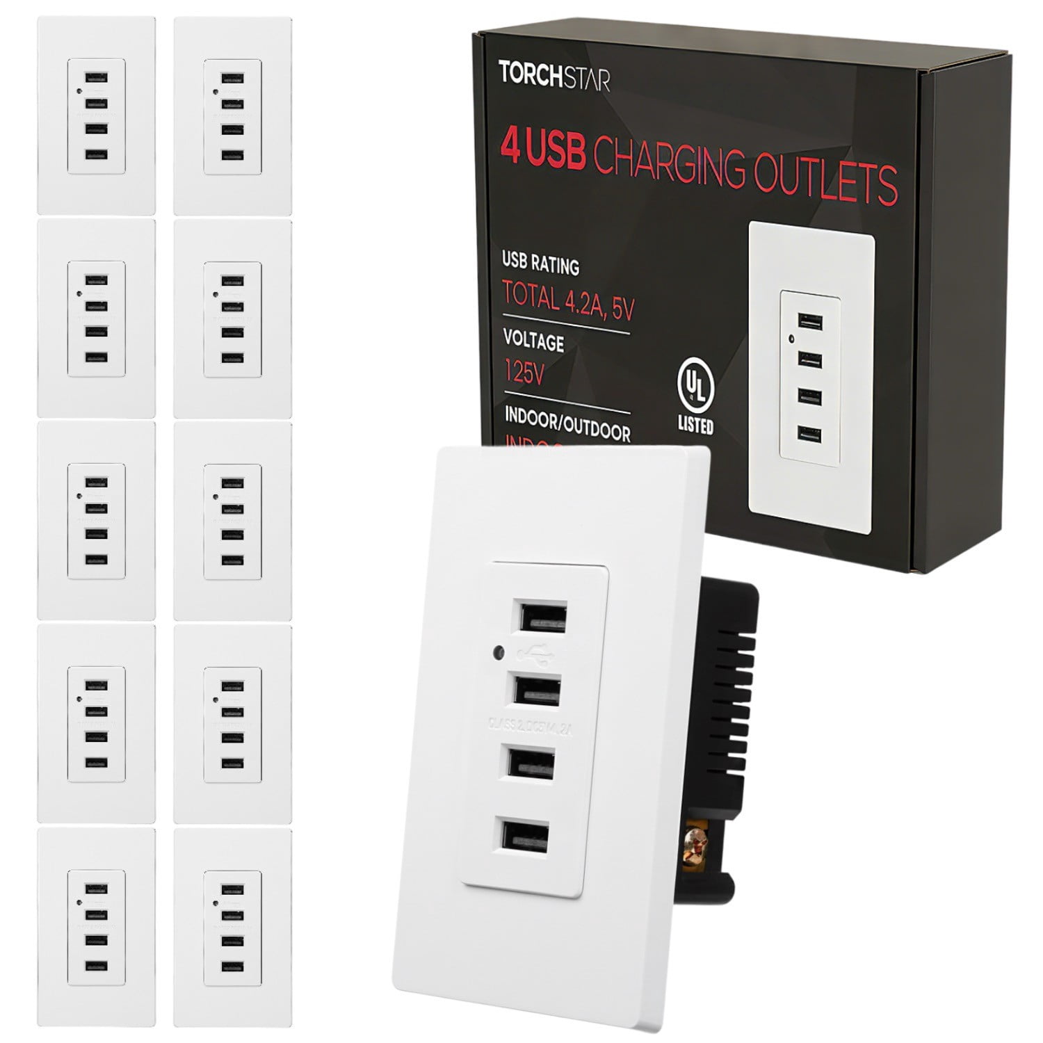 10 Pack 4 USB Charging Wall Outlets, 4.2A Fast Charging USB Ports, 2 Wall Plate Included, UL-listed, Smart Auto-identify Charging Current, White