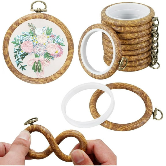 10 Pack 4 inch Mini Embroidery Hoops,Bexikou Round Imitated Wood Plastic Display Frame,Embroidery Hoop Cross Stitch Hoop Ring for DIY Art Craft Display Sewing Craft Hanging Ornament