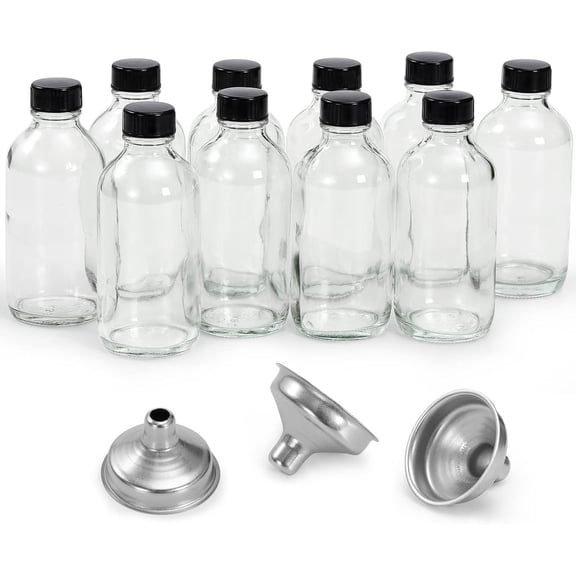 10 Pack, 4 oz Small Clear Glass Bottles w/Lids & 3 Stainless Steel Funnel - 120ml Boston Round Sample Bottle for Potion, Juice, Ginger Shot, Wellness, Oils, Whiskey, Liquids Leakproof Travel