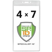 10 Pack - 4 x 7 Extra Large Clear Vinyl Badge Holders - Heavy Duty Vertical Plastic Name Tag Sleeves for Pit Pass, Press Credential, Sports and Season Tickets by Specialist ID