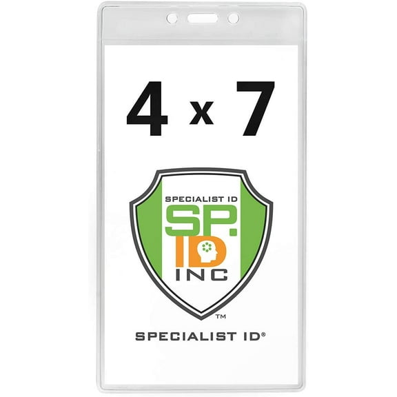 10 Pack - 4 x 7 Extra Large Clear Vinyl Badge Holders - Heavy Duty Vertical Plastic Name Tag Sleeves for Pit Pass, Press Credential, Sports and Season Tickets by Specialist ID