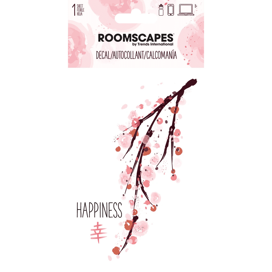 10 Pack 4 in x 8 in Happiness Adhesive Decal Sticker, Cherry Blossom Branch, Symbol Character, Calming Decorative Design for Laptops, Journals, Water Bottles, Smooth Surfaces, Roomscapes, Bulk, Pink