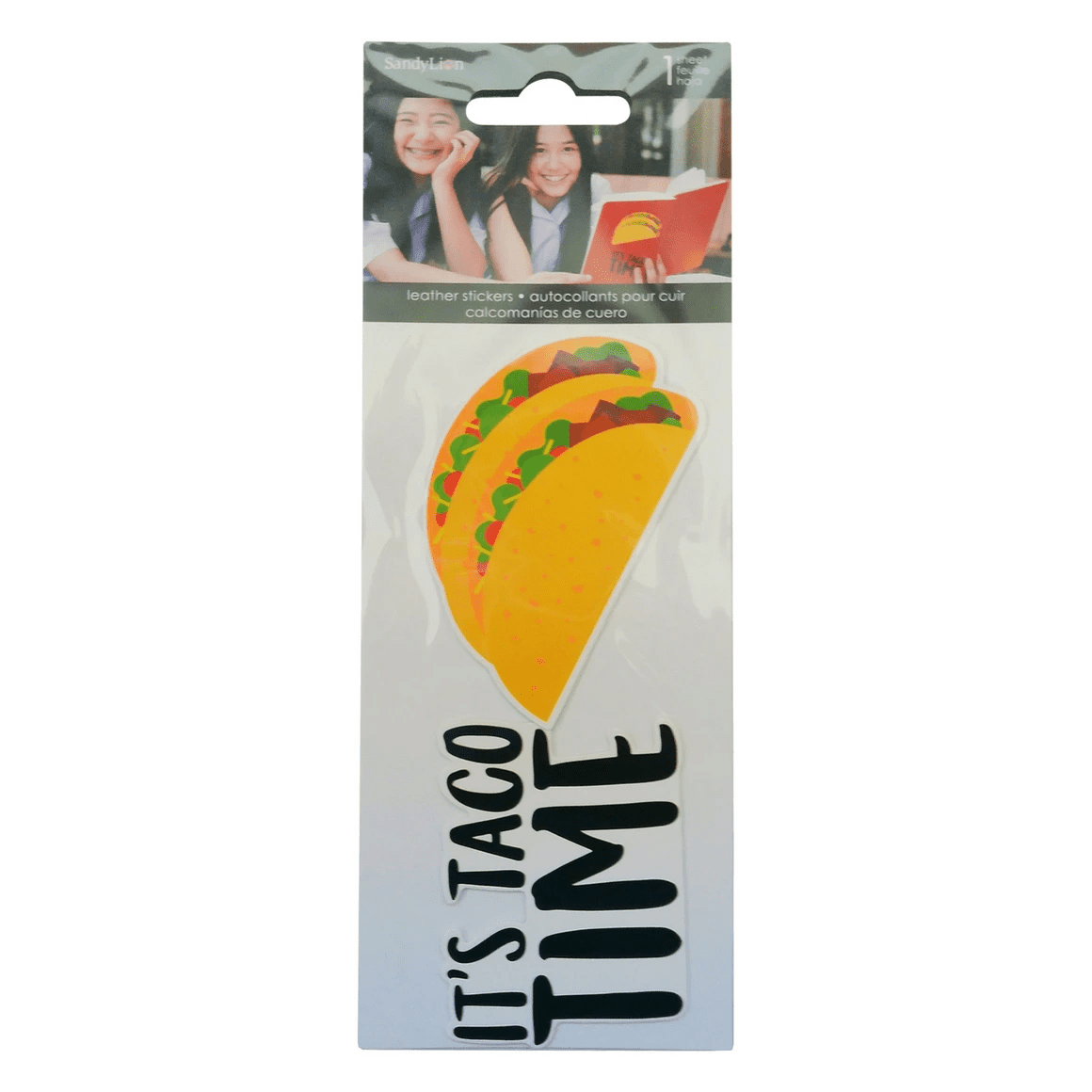 10 Pack 4 in x 8 in Taco Time Leather Sticker, Fun Food Themed Design with Tacos, Quote, Durable Adhesive for Backpack, Laptop, Journal, Scrapbooking, Crafting, Decorating, Gifting, Bulk, Yellow