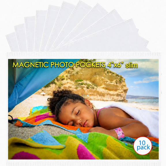 10 Pack 4"x6" Premium Super Slim Magnetic Picture Pockets Frames Holds 4 x 6 inches Photo for Refrigerator Frameless Design