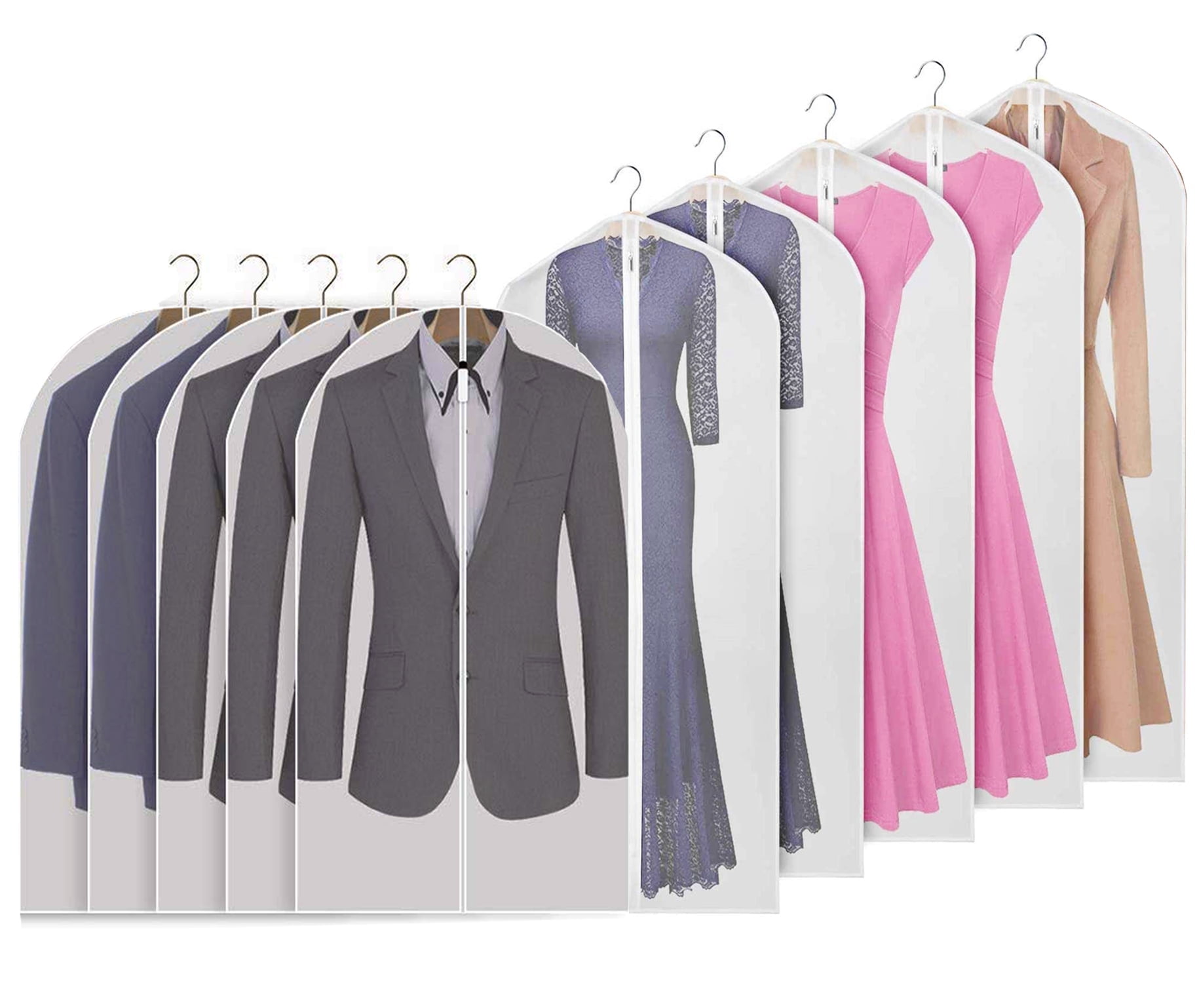 10 Pack - 40" and 47" Hanging Garment Bag Lightweight Clear Full Zipper Suit Bags Women Dress Bag PEVA Moth-Proof Breathable Dust Cover for Travel and Closet Clothes Storage