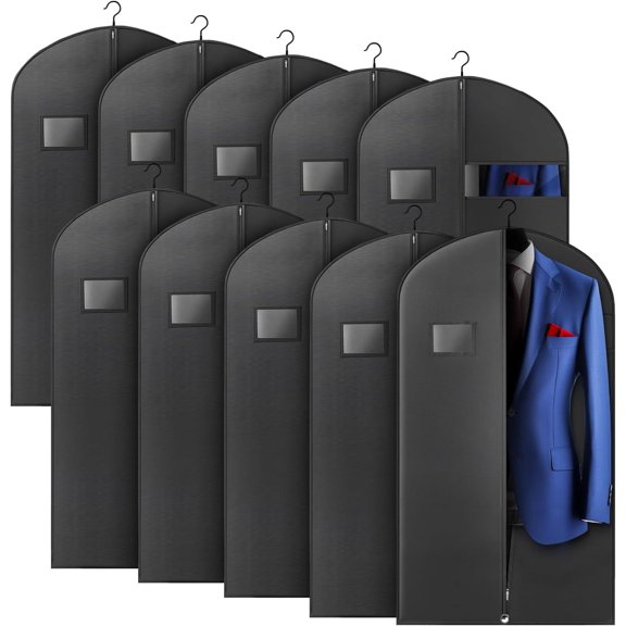 10 Pack 43-inch Garment Bags for Travel, Garment Bags for Hanging Clothes with Zipper and Visible Transparent Window,Black