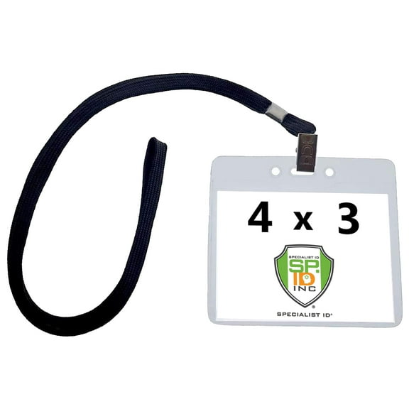 10 Pack - 4x3 Name Badge Holder with Lanyard - Clear Plastic Horizontal 4 x 3 Event Card Protector, Trade Show Ticket, Conference Nametag Holder by Specialist ID (Black)