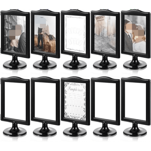 10 Pack Double Sided Standing Picture Frames, 4x6 Inch Plastic Pedestal Photo Frame Bulk, Two Sided Vertical Picture Holder with Inserts & Base, Black Display Frame for Wedding Table Number Menu