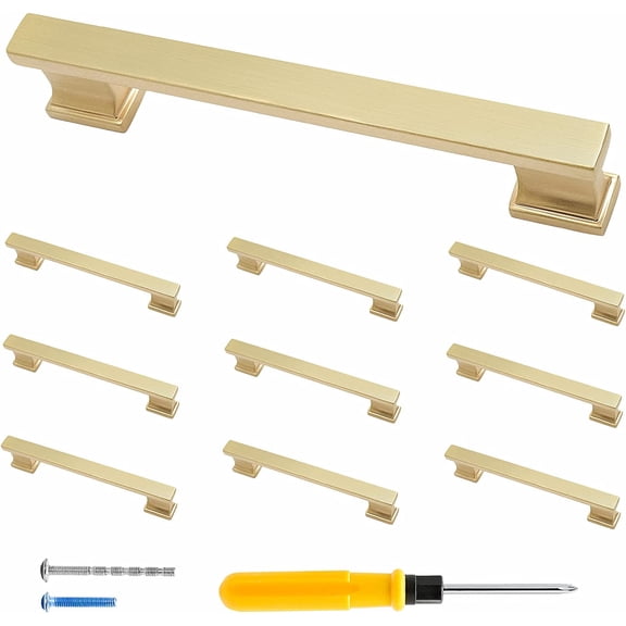 10 Pack 5 Inch Cabinet Handles Brushed Satin Brass Dresser Drawer Pulls, Modern Kitchen Cabinet Door Handles, 5 Inch Hole Center