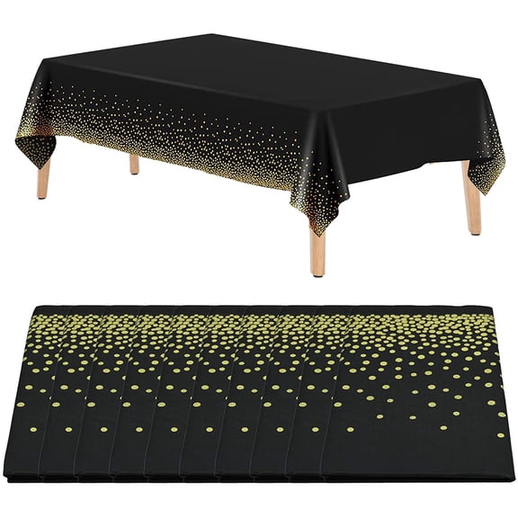 10 Pack 54" x 108" Disposable Tablecloths Plastic Table Cover for Rectangular Tables Black and Gold Dot Confetti Table Cloths for Parties,Christmas, Graduation,Birthday,Fine Dining,Wedding,Baby Shower