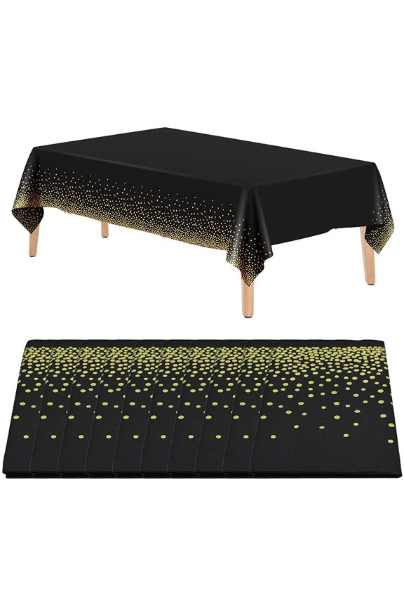 10 Pack 54" x 108" Disposable Tablecloths Plastic Table Cover for Rectangular Tables Black and Gold Dot Confetti Table Cloths for Parties,Christmas, Graduation,Birthday,Fine Dining,Wedding,Baby Shower