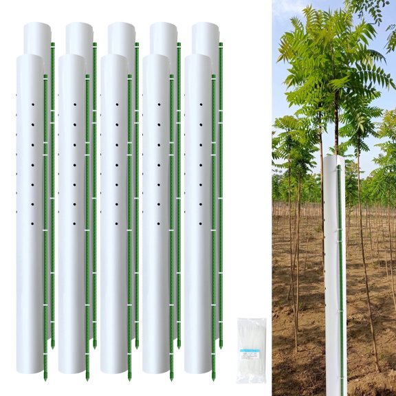 10 Pack 57 Inch Tree Protector Tubes with 10 Steel Stakes and 100 Zip Ties, Grow Tubes for Seedling Sapling Protection, Shelter Kit for Garden Plants and Easy Installation