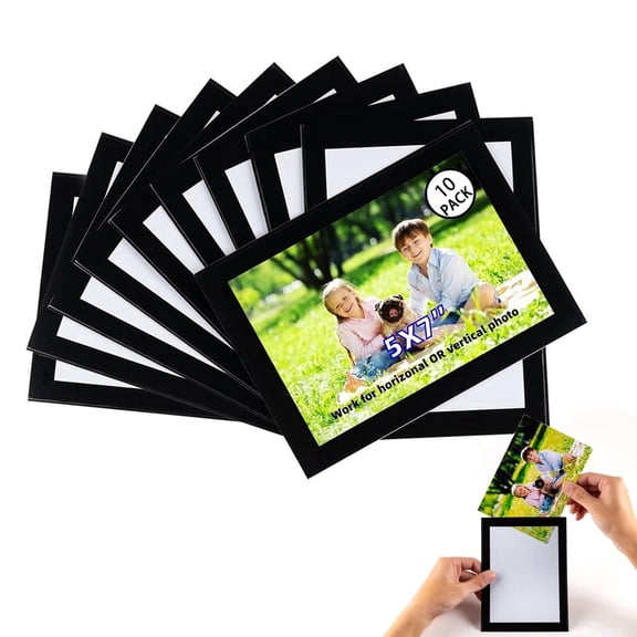5x7'' Magnetic Picture Frames for Refrigerator 10 Packs, Strong Self-Adhesive Backing Not Magnetic Back, Black 5 by 7 Photo Frame Set for Locker Glass Window Door Cubicle