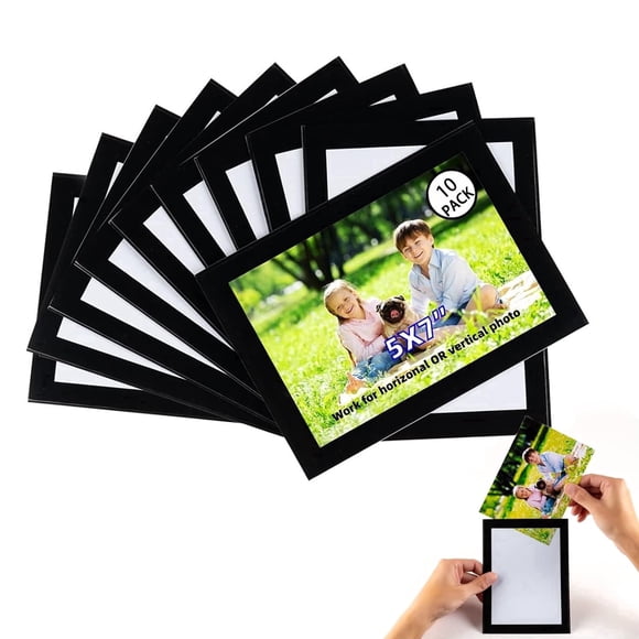 5x7'' Magnetic Picture Frames for Refrigerator 10 Packs, Strong Self-Adhesive Backing Not Magnetic Back, Black 5 by 7 Photo Frame Set for Locker Glass Window Door Cubicle