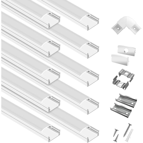 10-Pack 6.6ft/2Meter U Shape White LED Aluminum Channel System with Milky Cover, End Caps and Mounting Clips, Profile for Strip Light Diffuser Installations (10pack*6.6ft)