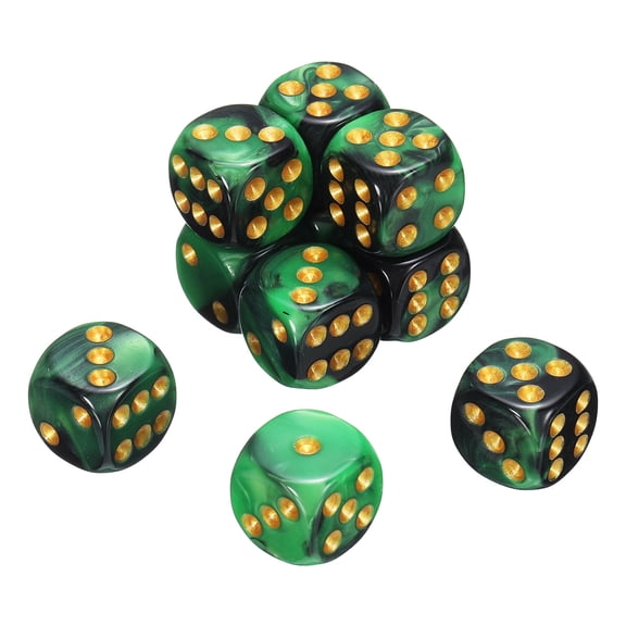 10 Pack 6 Sided Standard Dice, 2 Colors Acrylic D6 Mini Polyhedral Pearl Pattern Game Dice Set for Table Games or Math Learning, Green and Black/Gold Point