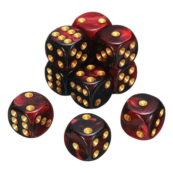 10 Pack 6 Sided Standard Dice, 2 Colors Acrylic D6 Mini Polyhedral Pearl Pattern Game Dice Set for Table Games or Math Learning, Red and Black/Gold Point