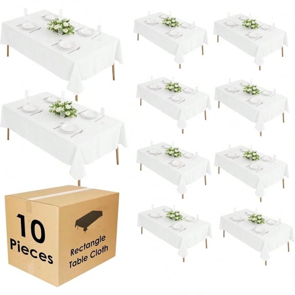 10 Pack 60 X 102 Inch White Rectangle Tablecloth Polyester Fabric Washable Table Cloth For Home Party Wedding Or Restaurant Use.
