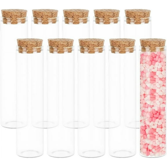 10 Pack 60ml Glass Test Tube with Cork Stopper Clear Flat Mini Glass Bottles Jars for Wedding Party Favors Candy Spices Beads Mother's Day Home Decor DIY