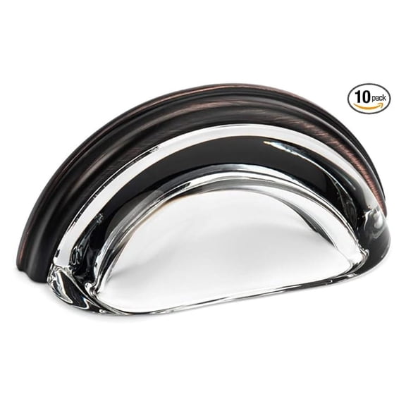 10 Pack - 6585ORB-C Oil Rubbed Bronze with Clear Glass Cabinet Cup Pull - 3" Inch (76mm) Hole Centers