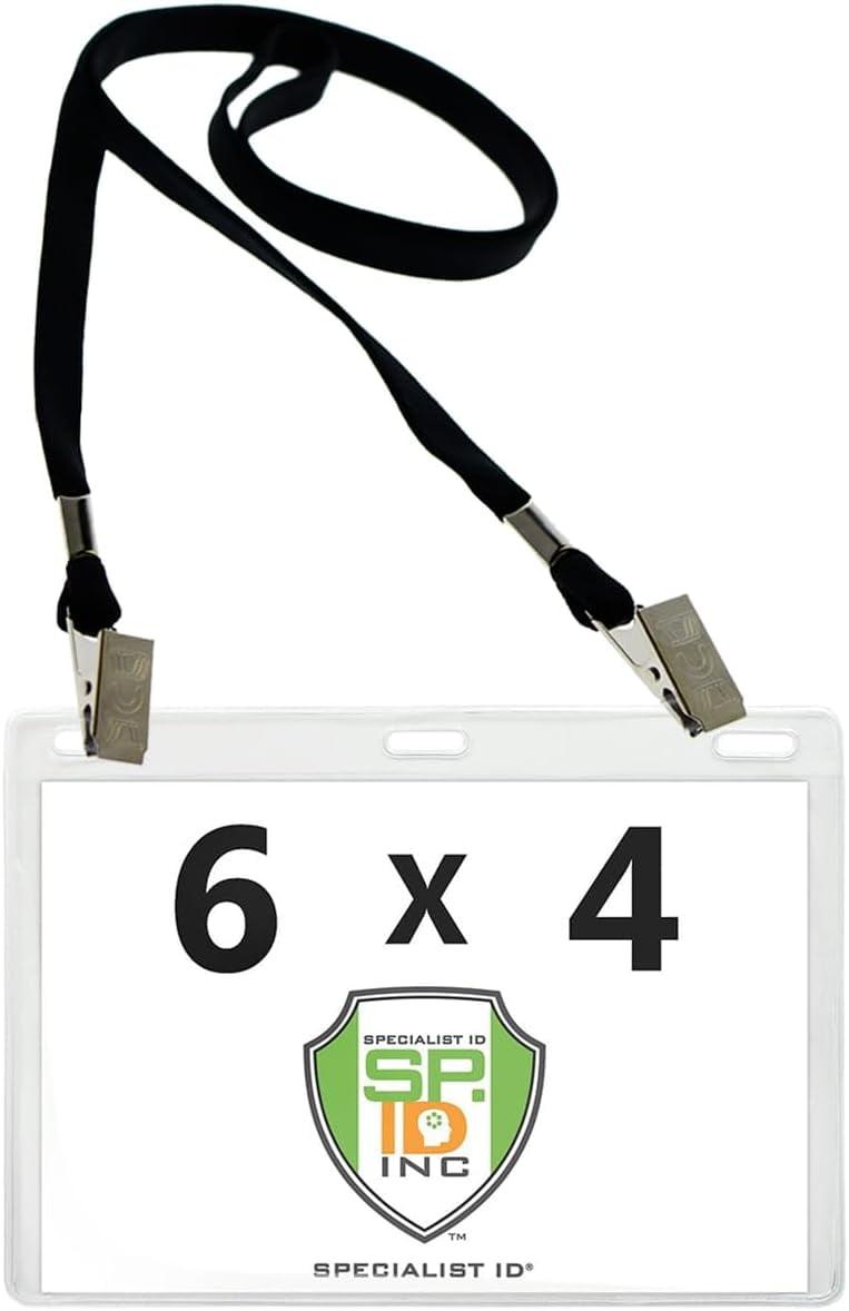 10 Pack - 6x4 Badge Holder Horizontal Name Tag Holder & Lanyard with 2 Clips - Extra Large Clear Vinyl Plastic Horizontal 4x6 Badge Holder Sleeve & Premium Lanyards by Specialist ID (Black)