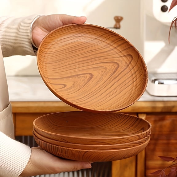 10 Pack 7.8 Inch Wood Grain Thickened Plastic Dinner Plates, Multi-purpose Serving Trays for Salad, Sandwich, Pasta, Rice & Family Daily Meals