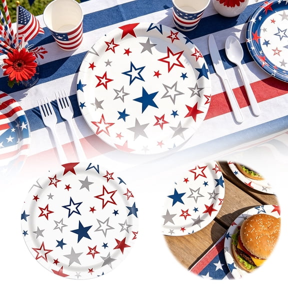 10 Pack 7 Inch Star Pattern Patriotic Disposable Paper Plates, Sturdy Cut Resistant Dessert Appetizer Plates, for Independence Day Holiday Gathering Party