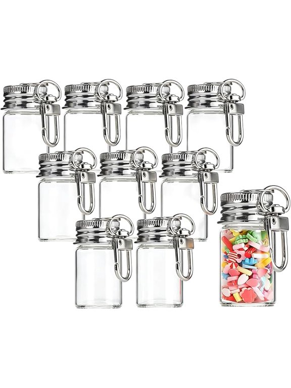 10 Pack 7ml Tiny Glass Bottles with Keychain Lids Clear Pendant Wish Bottles for Jewelry Making Wedding Decor and Crafts