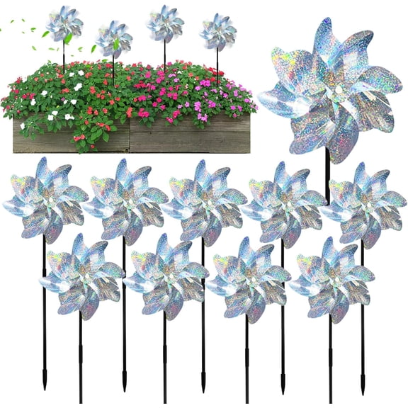 10 Pack 8-Blade Reflective Bird Repellent Pinwheels, Scare Birds Away Wind Spinner with Stake, Laser Reflective Garden Deterrent for Farm, Balcony, Crops, and Yard Decoration, Silver