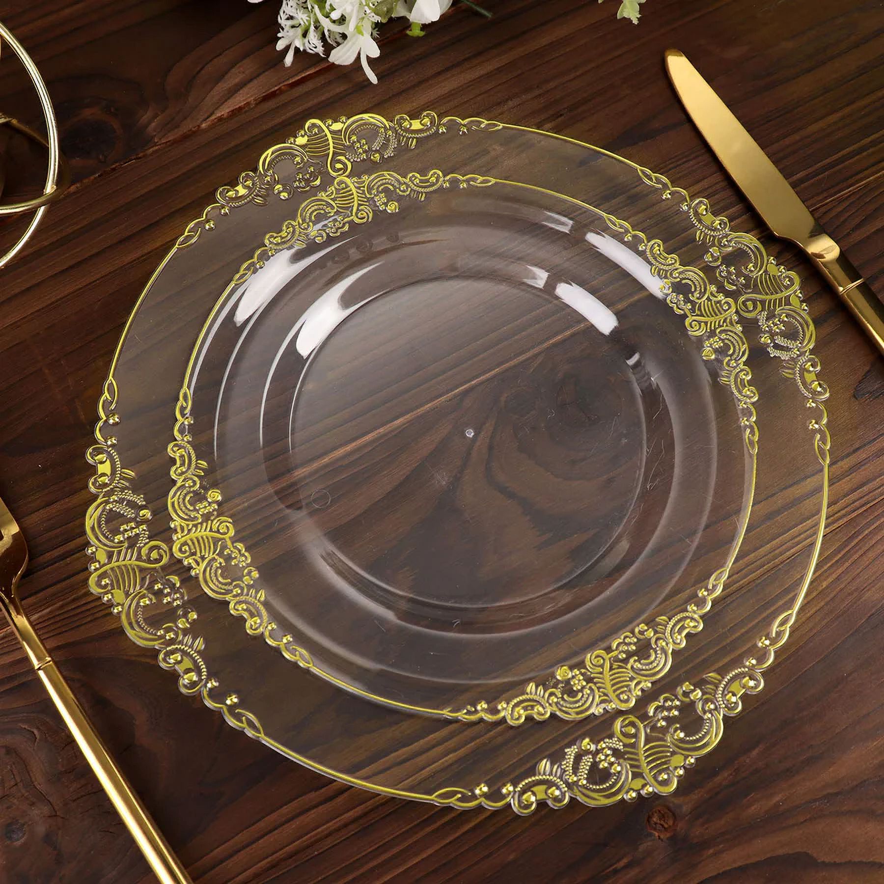 10 Pack 8" Clear Gold Leaf Embossed Baroque Plastic Salad Dessert