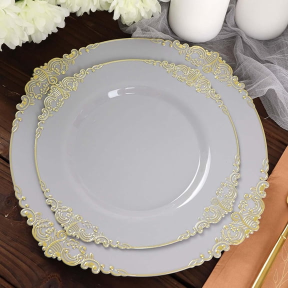 10 Pack | 8" Gray and Gold Baroque Dessert Plates with Leaf Embossed Metallic Rim, Heavy Duty Appetizer Plates for Weddings and Modern Loft
