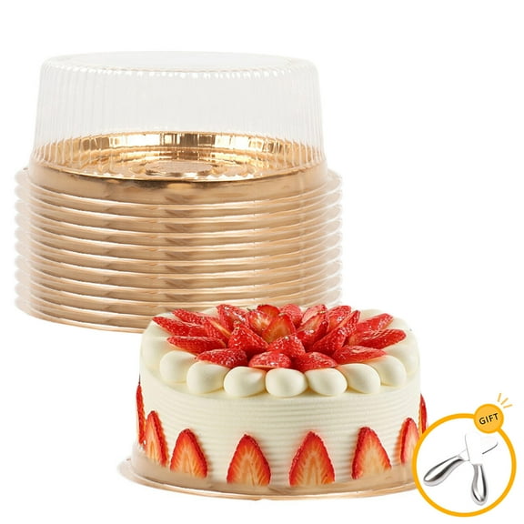 10 Pack 8" Plastic Disposable Cake Containers Carriers with Dome Lids and Cheese & Butter Spreader Knives, Round Cake Server/Boxes/Cover | Cake Holder Display Containers for Party (Gold)