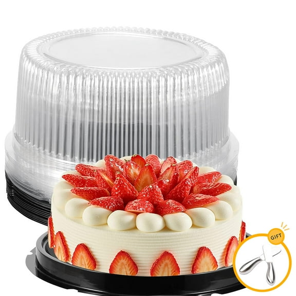 10 Pack 8" Plastic Disposable Cake Containers Carriers with Dome Lids and Cheese & Butter Spreader Knives, Round Cake Server/Boxes/Cover | Cake Holder Display Containers for Party (Black)