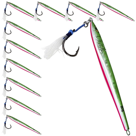 10 Pack 80g Tuna Riser Vertical Jig Green/white - Uncle Mo's Tackle
