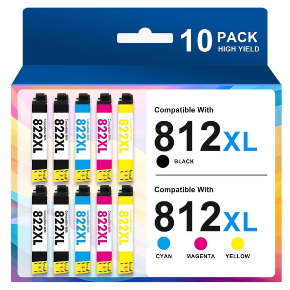 10-Pack 812XL Ink Cartridges Compatible for Epson 812 Ink Cartridges Workforce Pro WF-7820 7840 7310 Combo Pack