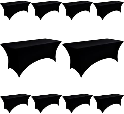 Elastic Tablecovers Rectangular 10-Pack 8ft Black Spandex Table Covers for Rectangle Folding Tables ...